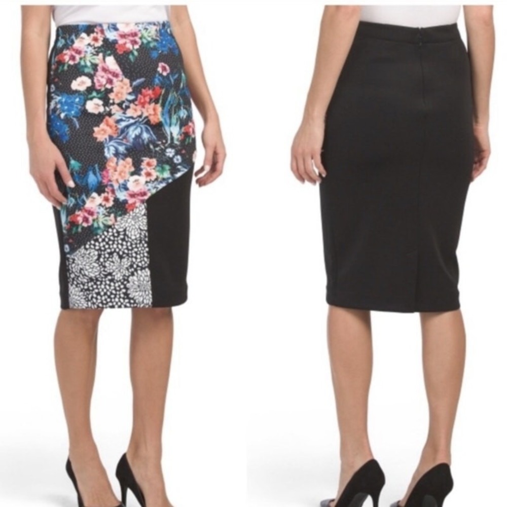 Nicole Miller New York Floral Mixed Print Pencil Skirt Black Polka Dot Size 6